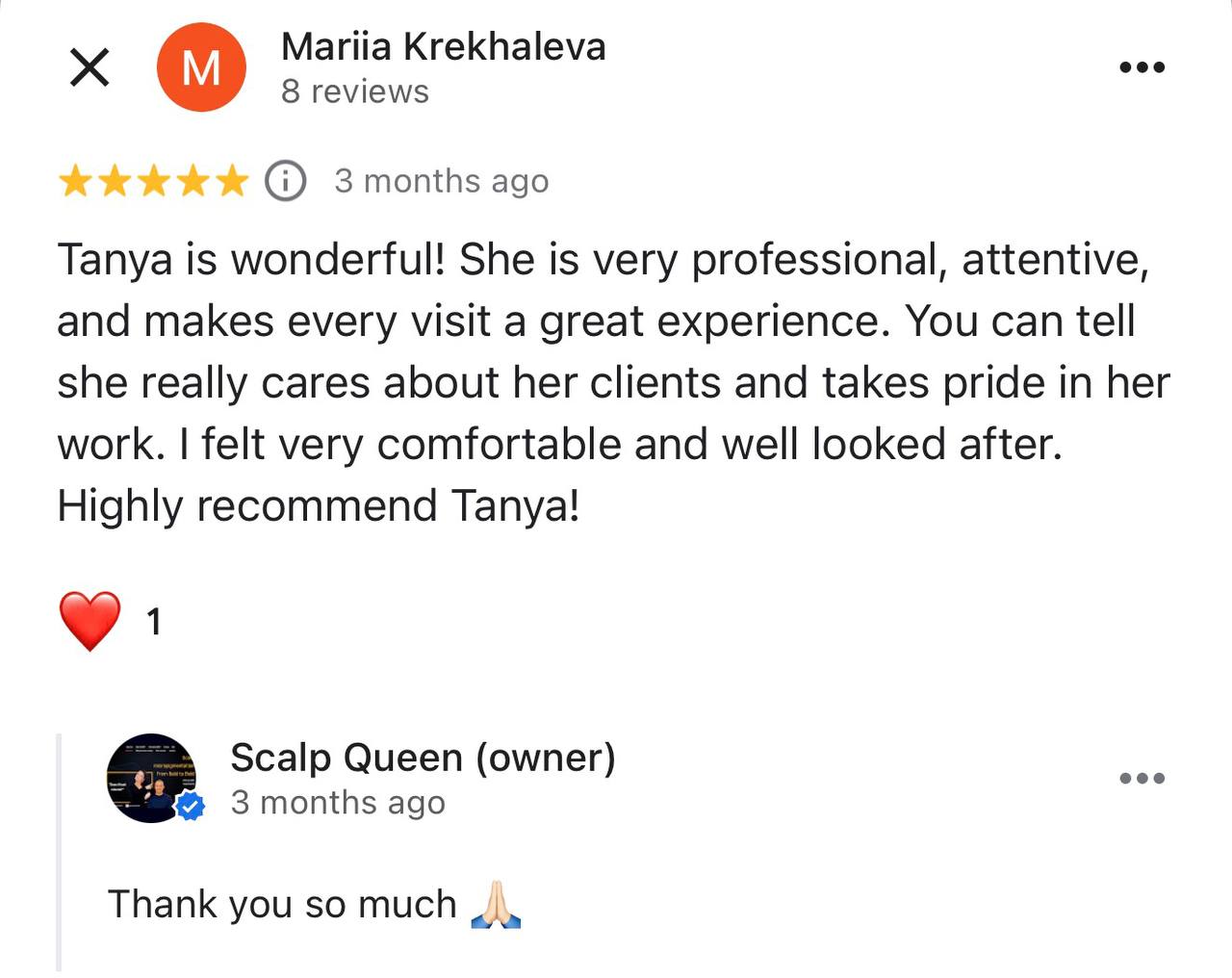 Google review from Mariia Krekhaleva for Scalp Queen SMP